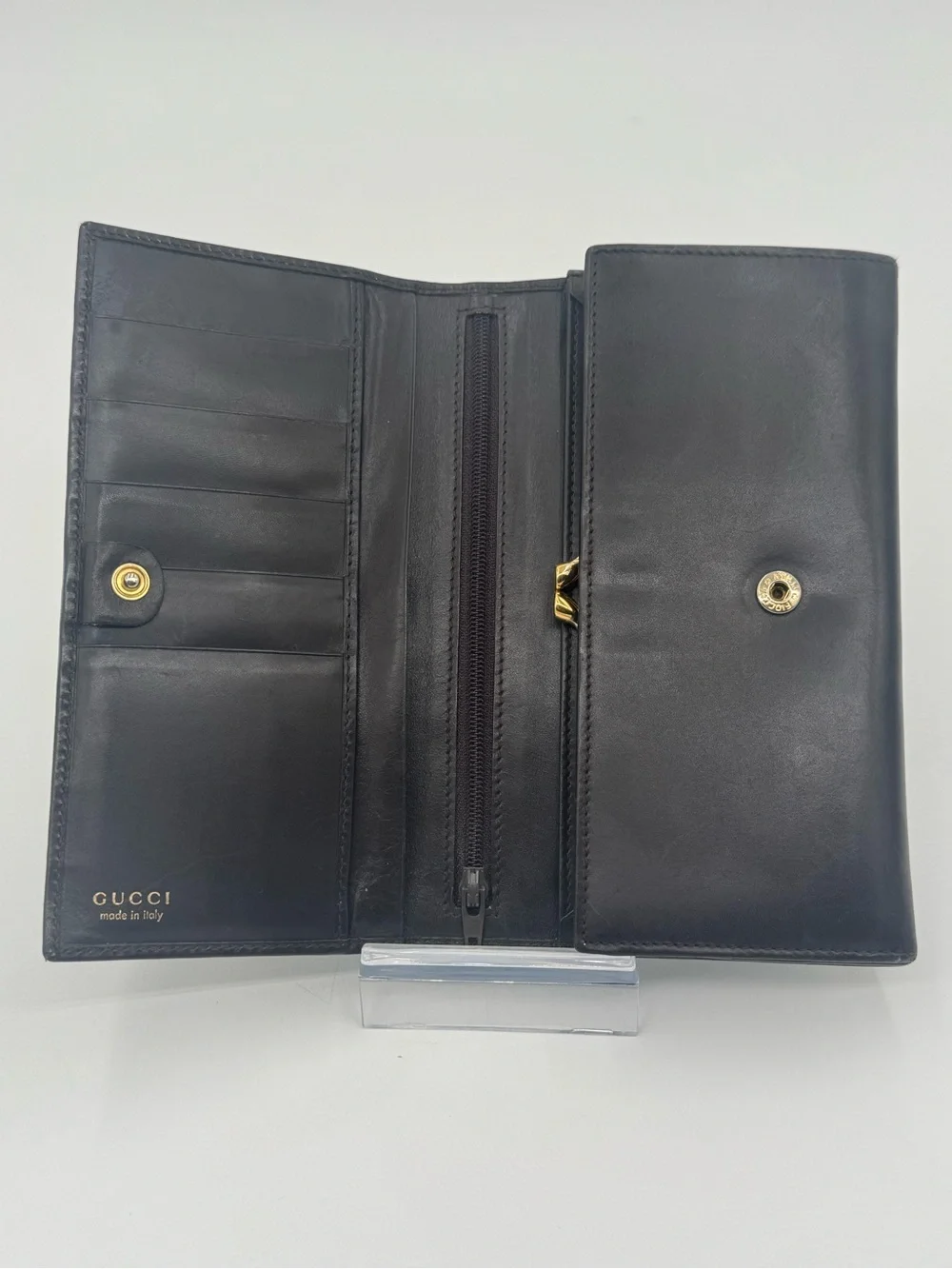 GUCCI Horsebit Long Wallet Clutch Tainted Indigo/Brown Leather Gold Hardware - Picture 5 of 10